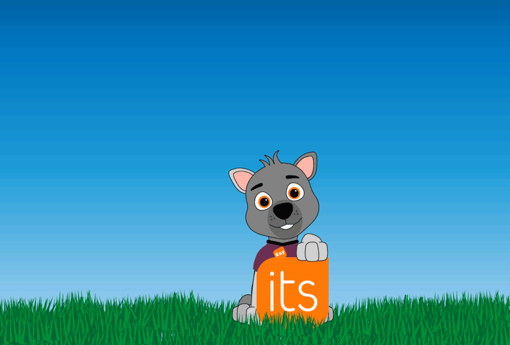 Auf einer grünen Wiese mit blauem Himmel im Hintergrund sitzt das Maskottchen Itsy mit ein dem Logo von itslearning in den Pfoten