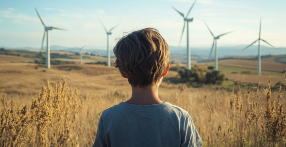 Foto: Junge steht auf einem Feld und schaut in die Ferne Hintergrund Windräder