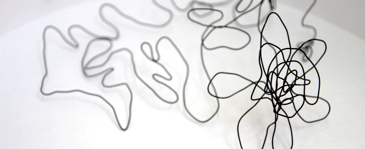 Foto: Drahtobjekte mit organischen, verschlungenen Formen auf einer weißen Fläche – die Schatten der Linien werfen zusätzliche Muster.