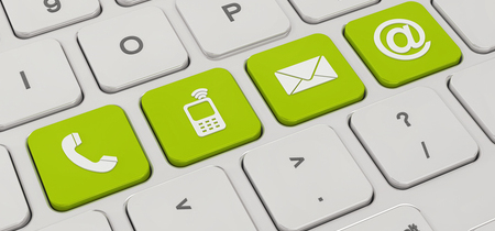 Symbolbild Kontakte in die Regionen: Das Bild zeigt eine Computertastatur mit vier grünen Tasten, die jeweils Kommunikationssymbole darstellen: ein Telefonsymbol, ein Handy, ein Briefumschlag (E-Mail) und ein @-Zeichen. Die Tasten stehen symbolisch für verschiedene Kontaktmöglichkeiten wie Telefon, Mobiltelefon, E-Mail und Internetkommunikation.