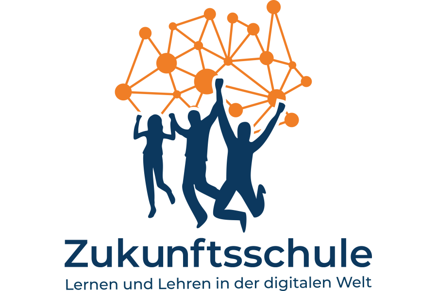 Link zur Seite Zukunftsschule Lernen und Lehren in der digitalen Welt (Text-Bild-Grafik/Logo: Im Zentrum sind Schattenrisse dreier tanzender und springender Personen zu sehen. Über und hinter ihnen ist ein orangefarbenes Netz mit dicken Verbindungspunkten zu sehen. Unter den Schattenrissen steht zweizeilig, in dunkelblauer Schrift: Zukunftsschule, Lernen und Lehren in der digitalen Welt)