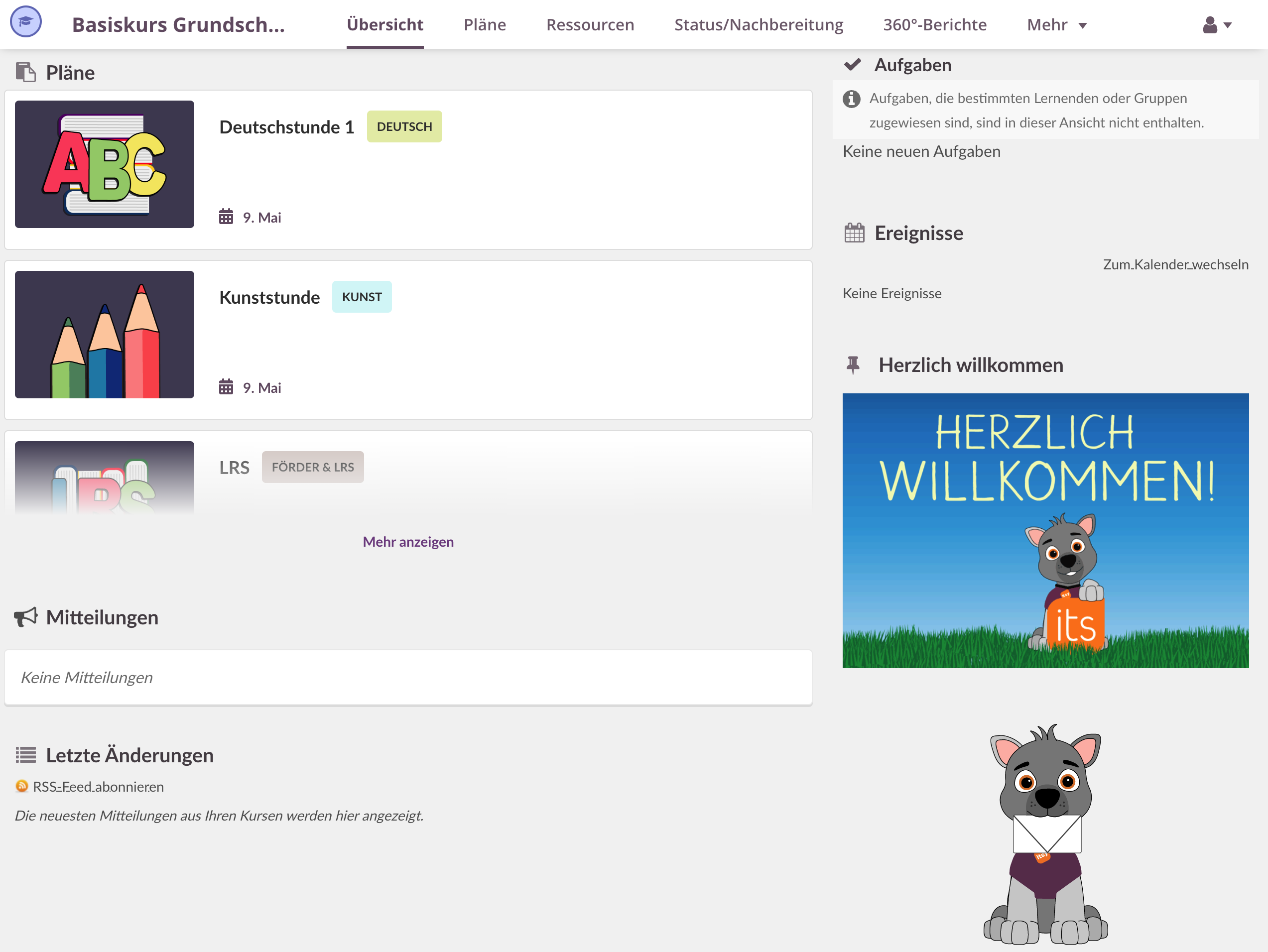 Screenshot aus itslearning: Kursstartseite