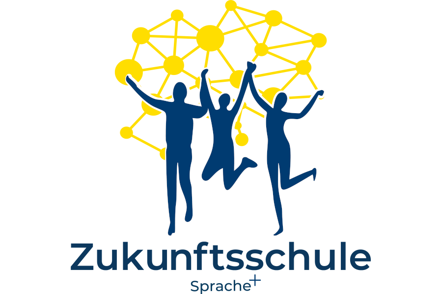 Link zur Seite Zukunftsschulen Sprache plus (Text-Bild-Grafik/Logo: Im Zentrum sind Schattenrisse dreier tanzender und springender Personen zu sehen. Über und hinter ihnen ist ein hellblaues Netz mit dicken Verbindungspunkten zu sehen. Unter den Schattenrissen steht zweizeilig, in dunkelblauer Schrift: Zukunftsschule, Sprache+)