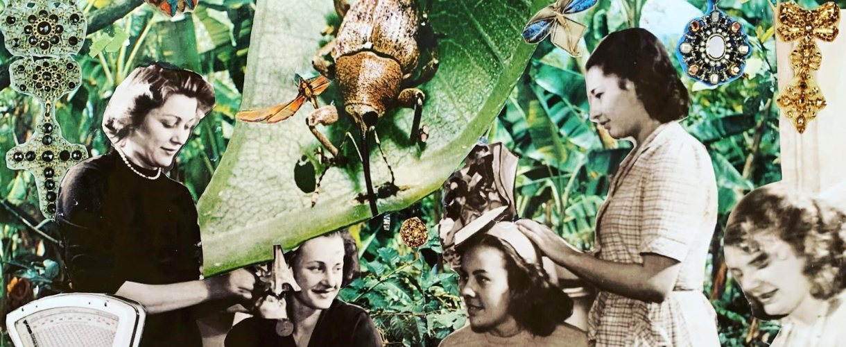 Foto: Collage in Grüntönen mit Pflanzenelementen, Käfer und Personen, die in schwarz-weiß dargestellt sind.