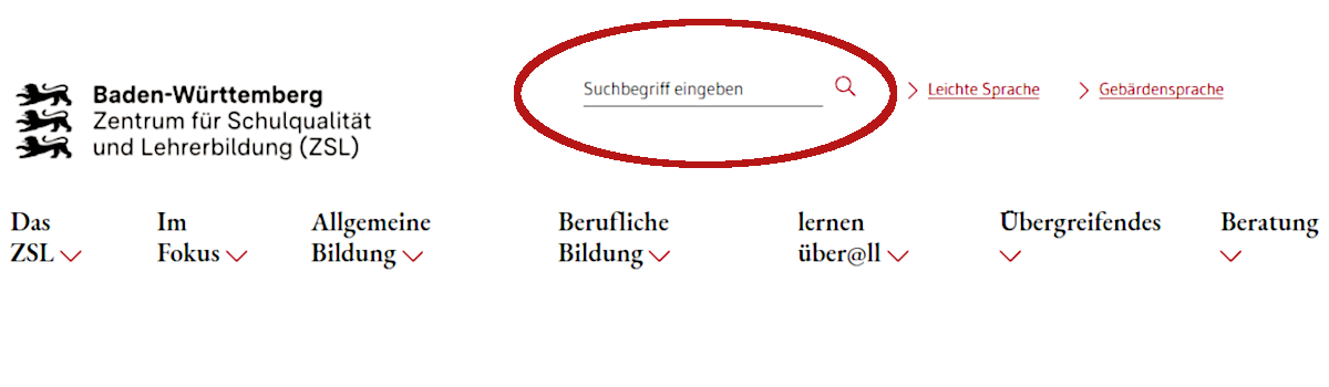 Screenshot: Kopfbereich der ZSL-Website mit rot umrandeter Suchfunktion