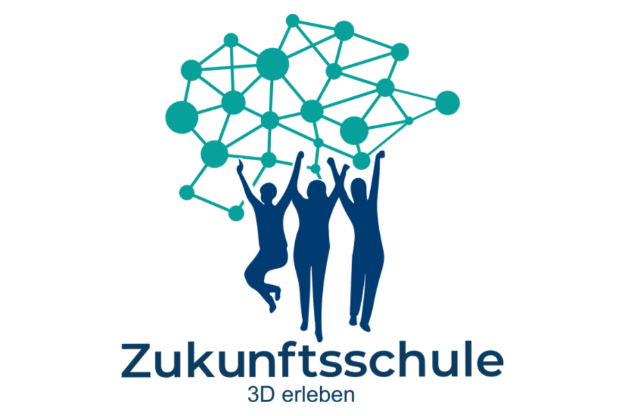 Link zur Seite Zukunftsschule 3D erleben (Text-Bild-Grafik/Logo: Im Zentrum sind Schattenrisse dreier tanzender und springender Personen zu sehen. Über und hinter ihnen ist ein grünes Netz mit dicken Verbindungspunkten zu sehen. Unter den Schattenrissen steht zweizeilig, in dunkelblauer Schrift: Zukunftsschule, 3D erleben)