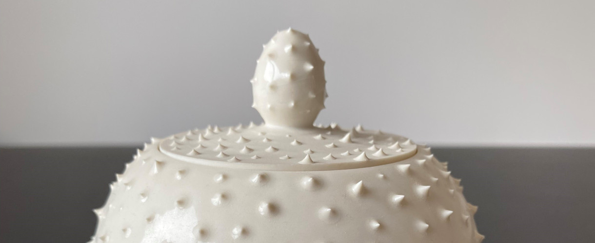 Auf dem Foto ist ausschnitthaft ein weißes Keramikgefäß mit Deckel zu sehen. Es hat eine glänzende, stachelartige Oberfläche.