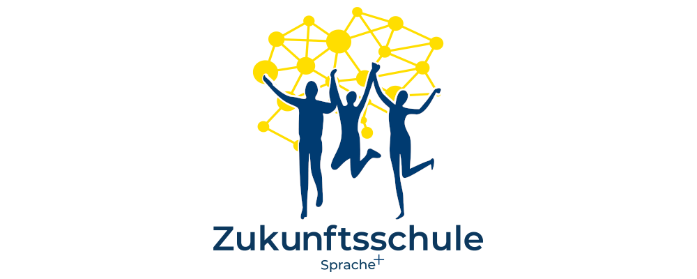 Logo: Text-Bild-Grafik als Symbolbild für Logo Zukunftsschulen Sprache+ (Im Zentrum sind Schattenrisse dreier tanzender und springender Personen zu sehen. Über und hinter ihnen ist ein gelbes Netz mit dicken Verbindungspunkten zu sehen. Unter den Schattenrissen steht zweizeilig, in dunkelblauer Schrift: Zukunftsschule, Sprache+)