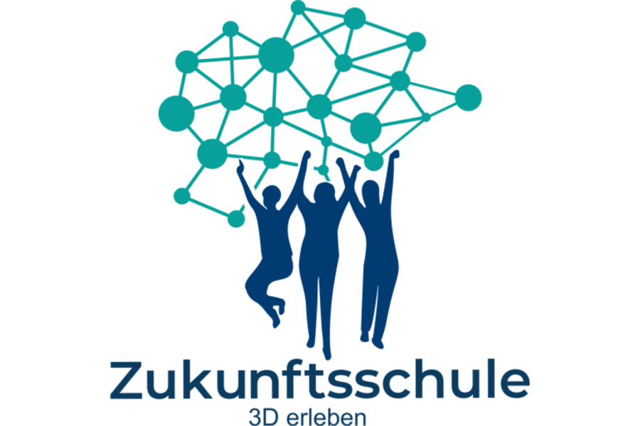 Link zur Seite Zukunftsschule 3D erleben (Text-Bild-Grafik/Logo: Im Zentrum sind Schattenrisse dreier tanzender und springender Personen zu sehen. Über und hinter ihnen ist ein grünes Netz mit dicken Verbindungspunkten zu sehen. Unter den Schattenrissen steht zweizeilig, in dunkelblauer Schrift: Zukunftsschule, 3D erleben)