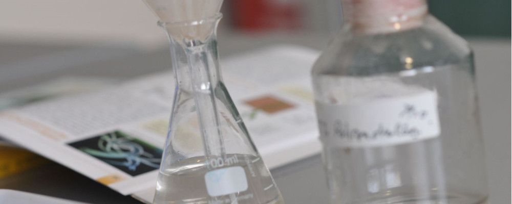 Foto: Ein Erlenmeyerkolben und eine Glasflasche mit Schraubdeckel stehen auf einem Experimentiertisch