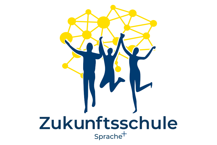 Link zur Seite Zukunftsschulen Sprache plus (Text-Bild-Grafik/Logo: Im Zentrum sind Schattenrisse dreier tanzender und springender Personen zu sehen. Über und hinter ihnen ist ein hellblaues Netz mit dicken Verbindungspunkten zu sehen. Unter den Schattenrissen steht zweizeilig, in dunkelblauer Schrift: Zukunftsschule, Sprache+)
