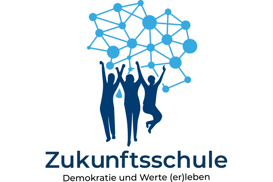 Link zur Seite Zukunftsschulen Demokratie und Werte (er-)leben (Text-Bild-Grafik/Logo: Im Zentrum sind Schattenrisse dreier tanzender und springender Personen zu sehen. Über und hinter ihnen ist ein hellblaues Netz mit dicken Verbindungspunkten zu sehen. Unter den Schattenrissen steht zweizeilig, in dunkelblauer Schrift: Zukunftsschule, Demokratie und Werte (er-)leben)
