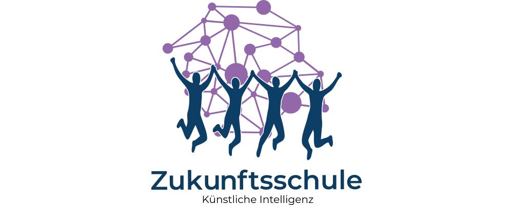 Logo: Text-Bild-Grafik als Symbolbild Zukunftsschulen KI: Im Zentrum sind Schattenrisse vierer tanzender und springender Personen zu sehen. Über und hinter ihnen ist ein lilafarbenes Netz mit dicken Verbindungspunkten zu sehen. Unter den Schattenrissen steht zweizeilig, in dunkelblauer Schrift: Zukunftsschule, Künstliche Intelligenz)