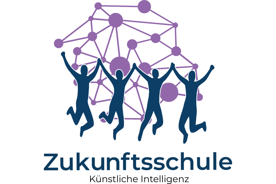 Link zur ZSL-Seite Zukunftsschulen KI – Lernen und Lehren mit Künstlicher Intelligenz (Logo: Text-Bild-Grafik als Symbolbild Zukunftsschulen KI: Im Zentrum sind Schattenrisse vierer tanzender und springender Personen zu sehen. Über und hinter ihnen ist ein lilafarbenes Netz mit dicken Verbindungspunkten zu sehen. Unter den Schattenrissen steht zweizeilig, in dunkelblauer Schrift: Zukunftsschule, Künstliche Intelligenz)