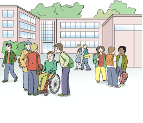 Zeichnung: Menschen im Innenhof einer Schule