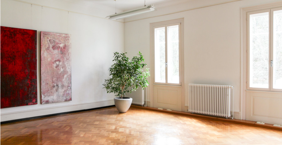 Foto: Blick in einen leeren Innenraum eines Altbaus, mit zwei großen Fenstern und Parkettboden.