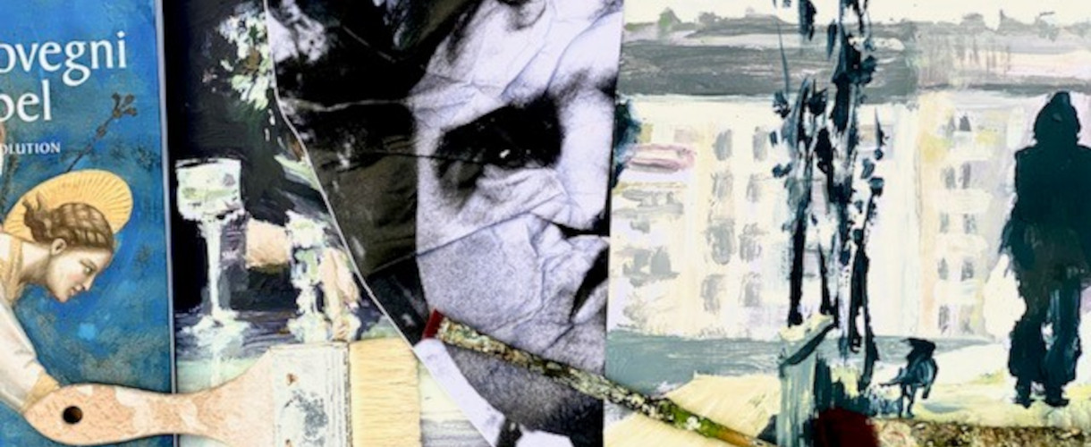 Foto: Bildcollage aus drei Teilen: einer religiösen Buchillustration mit Engelsfigur, einem grafischen Schwarz-Weiß-Porträt eines Gesichts und einem gemalten Stadtszenario mit dunkler Personensilhouette. 