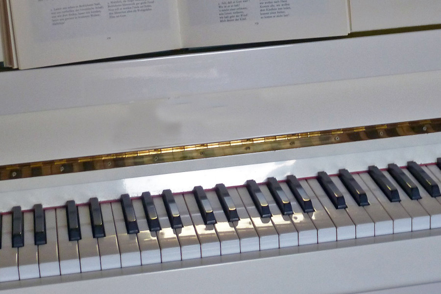 Link zur ZSL-Seite „Musik“; Foto: Die Tasten eines Klaviers sind abgebildet.