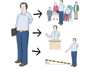 Symbol-Zeichnung für Datenschutzbeauftragter (Mann, von dem aus Pfeile zu Darstellungen seiner Tätigkeiten weisen)