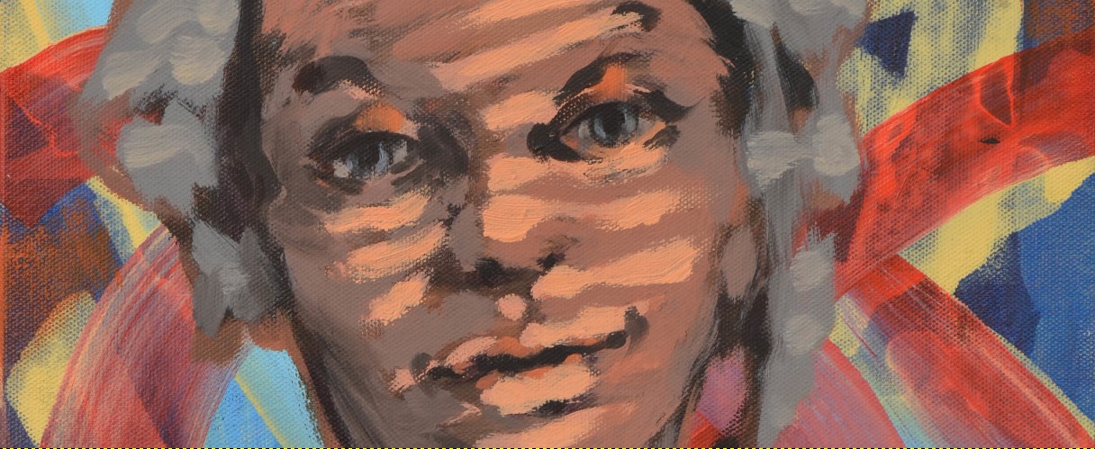 Foto: Acrylgemälde eines Porträts, das eine Person mit dunkler Hautfarbe zeigt. Das Ge-sicht ist in expressionistischem Stil mit sichtbaren Pinselstrichen in Braun-, Beige- und Rosatönen gemalt. Im Hintergrund sind abstrakte Farbflächen in kräftigem Blau, Rot und Gelb zu sehen.