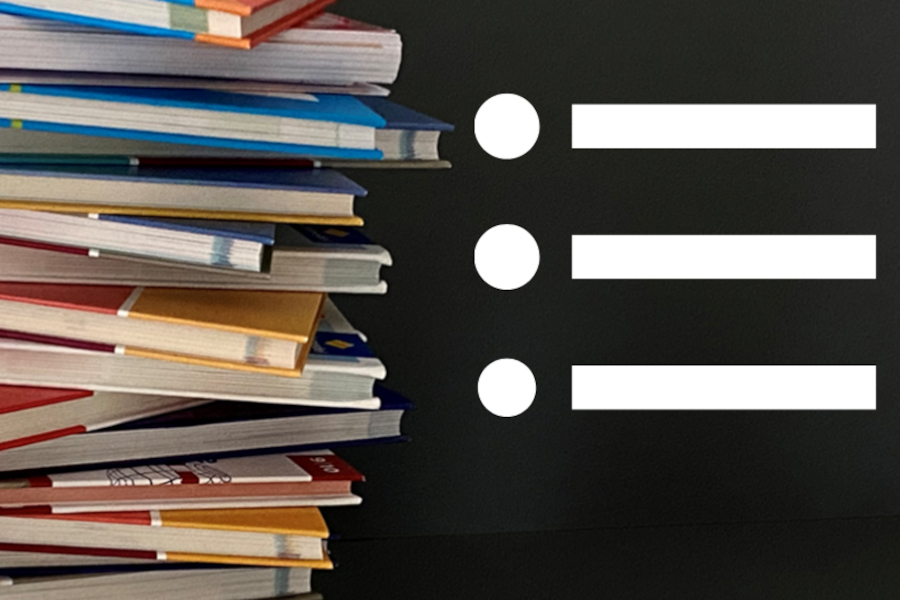 Link zur ZSL-Seite Schulbuchzulassung: Zugelassene Schulbücher (Foto: Bücherstapel, daneben Symbol für Liste)
