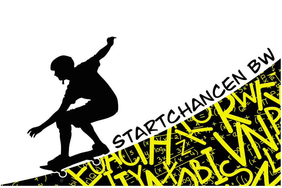 Link; Symbolbild für das Startchancen-Programm (Grafik: Die schwarze Silhouette einer ein Skateboard fahrenden Person fährt auf einer schrägen Fläche. Die Fläche ist schwarz mit gelben, teils überlappenden Buchstaben bedeckt. Diagonal entlang der Oberkante der Fläche verläuft der Schriftzug „STARTCHANCEN BW“ in schwarzen Großbuchstaben. Der Hintergrund des Bildes ist weiß.)