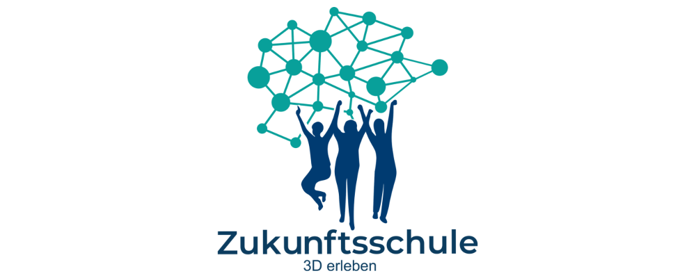 Logo: Text-Bild-Grafik als Symbolbild für Logo Zukunftsschule 3D erleben (Im Zentrum sind Schattenrisse dreier tanzender und springender Personen zu sehen. Über und hinter ihnen ist ein grünes Netz mit dicken Verbindungspunkten zu sehen. Unter den Schattenrissen steht zweizeilig, in dunkelblauer Schrift: Zukunftsschule, 3D erleben)