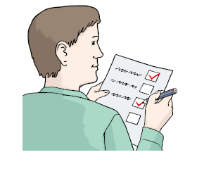 Symbol-Zeichnung für Prüfung (Mann hakt Punkte auf Liste ab)