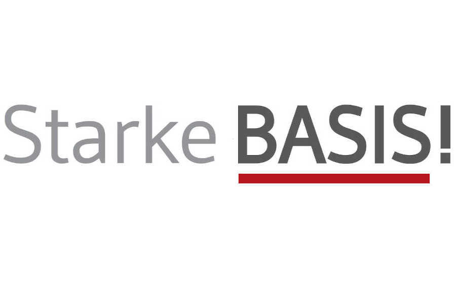 Link zur ZSL-Seite Starke Basis!; Logo für das Unterstützungskonzept „Starke BASIS!“(Grafik: Der Text „Starke BASIS!“ steht auf einem weißen Hintergrund. Das Wort „Starke“ ist in normaler, dunkelgrauer Schrift geschrieben. Das Wort „BASIS“ ist fett, dunkel und in Großbuchstaben gesetzt und darunter befindet sich ein roter horizontaler Strich als Hervorhebung.)
