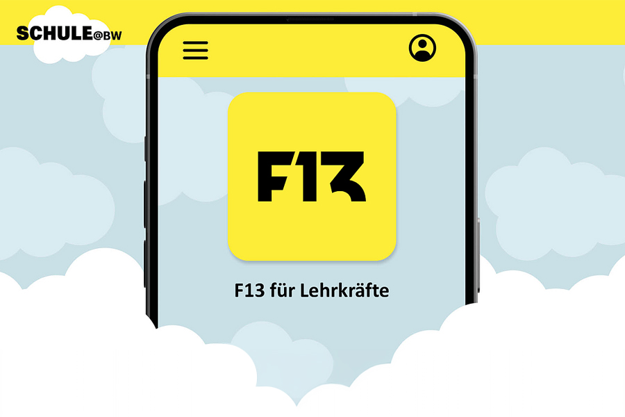 Link zur externen TaskCards-Seite: F13 für Lehrkräfte (Grafik: Oben gelber Streifen, darauf links das Logo von Schule@BW. Darunter blauer Hintergrund mit Wolken; darunter weiße Wolken. In der Mitte der stilisierte Rahmen eines Smartphones. Im Smartphonerahmen steht ein gelbes Quadrat mit dem Schriftzug F13. Unter dem gelben Quadrat steht: F13 für Lehrkräfte.)